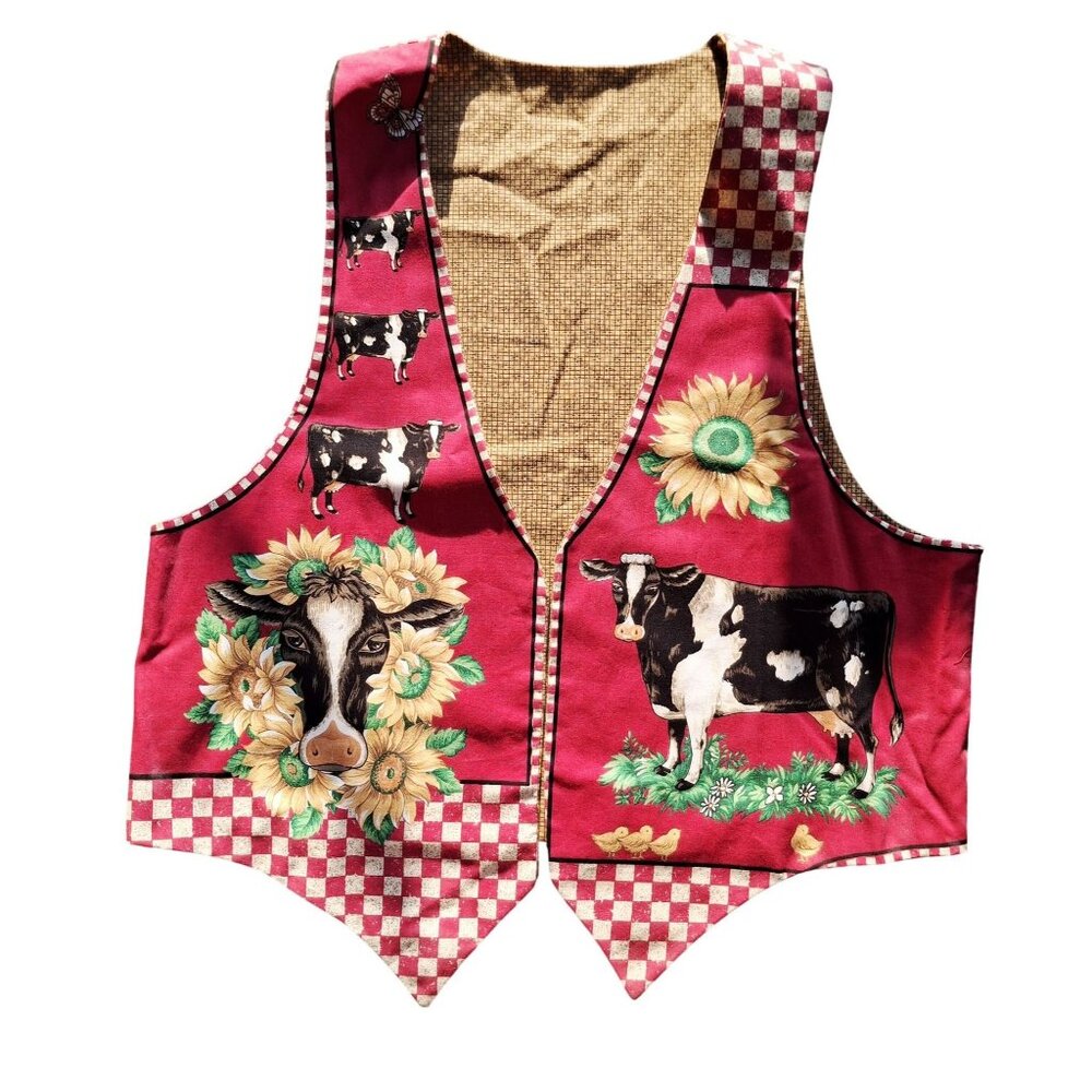 Vintage Farmhouse Cow & Sunflower Vest School Teacher Y2K Academia Country